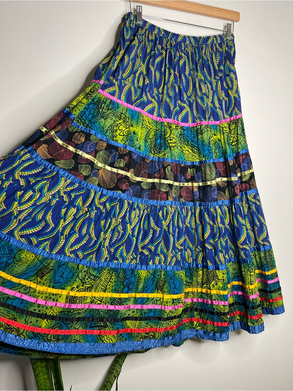 Boho Beaded Waist Tie Long Maxi Skirt Rayon Cottagecore Prairie Festival Size M - Picture 2 of 11